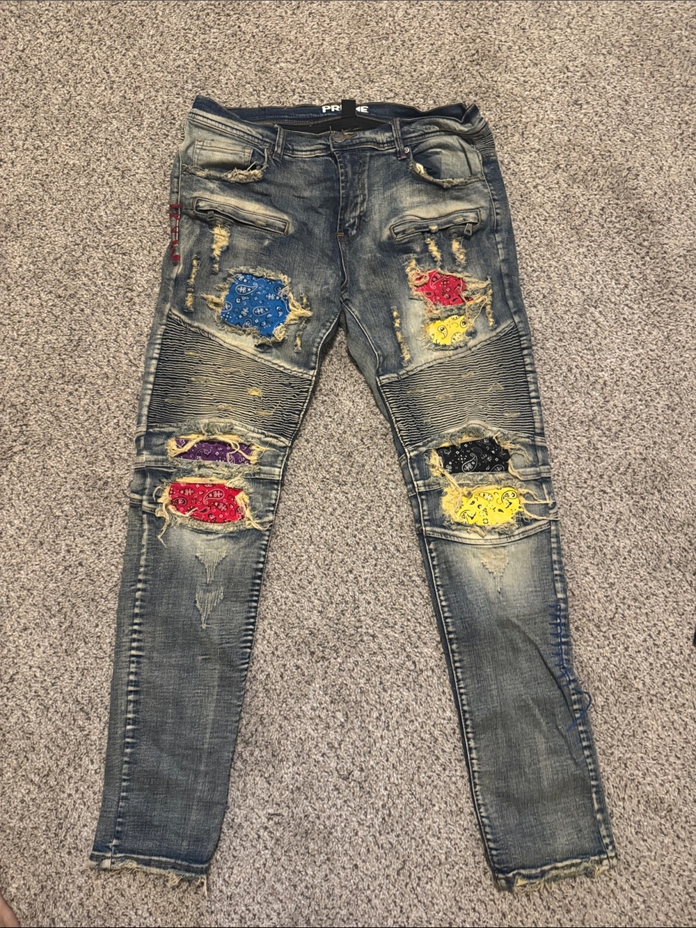 PRMX Distressed Skinny Jeans with Multicolor Bandana Patches - Blue Wash